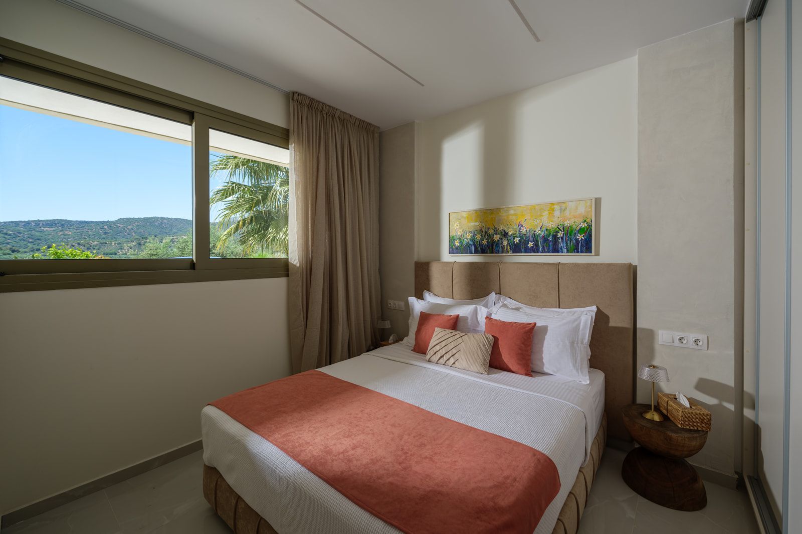 Bright, calm bedroom overlooking the pool — the pool bedroom